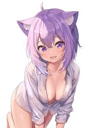  1girl :3 ahoge all_fours animal_ears blush breasts cat_ears cat_girl cleavage collarbone fang highres hololive medium_breasts medium_hair nekomata_okayu no_pants partially_unbuttoned purple_eyes purple_hair shirt simple_background solo tooo88 virtual_youtuber white_background white_shirt 