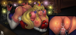  1girl artist_name blonde_hair blue_eyes breasts breasts_out close-up clothed_sex clothing_aside cowgirl_position cum cum_in_pussy gloves high_heels highres ilovetootsie large_breasts long_hair mario mario_(series) nintendo panties panties_aside princess_peach puffy_sleeves riding sex shoes star_(symbol) straddling super_mario_bros._1 uncensored underwear vaginal  rating:Explicit score:13 user:19945