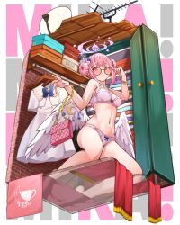  1girl angel_wings antennae bag bare_shoulders barefoot bespectacled blue_archive blush breasts closed_mouth closet clothes clothes_hanger double_bun feathered_wings glasses hair_bun hair_ornament halo hanahashi_bagara handbag highres indoors kneeling large_breasts lingerie looking_at_viewer low_wings mika_(blue_archive) panties pink_hair pink_halo pink_nails radar_dish round_eyewear see-through sliding_doors solo stomach underwear underwear_only white_wings wing_ornament wings 