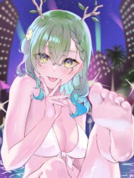  1girl :p absurdres antlers barefoot bikini blue_hair blurry blush braid breasts ceres_fauna cleavage crossed_bangs depth_of_field eishi_kurumi feet flower french_braid gradient_hair green_hair grey_hair hair_between_eyes hair_flower hair_ornament highres hololive hololive_english horns large_breasts leaf long_hair looking_at_viewer multicolored_hair night pool soles solo swimsuit toes tongue tongue_out v v_over_mouth virtual_youtuber white_bikini yellow_eyes 