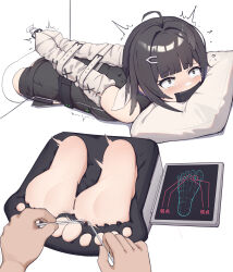  1girl ^^^ arknights arms_behind_back barefoot bdsm belt blush bondage bound bound_arms bound_toes character_request constricted crying gag highres improvised_gag juzi_(orange8619) la_pluma_(arknights) lying nose_blush on_stomach pillow pupils restrained soles tape tape_gag tears tickling tickling_feet toes trembling white_background wide-eyed  rating:Explicit score:12 user:danbooru