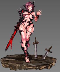  1girl armor asymmetrical_armor bare_shoulders barefoot blush breasts commentary_request cursed_sword_(monster_girl_encyclopedia) deep_skin full_body grey_background groin hair_between_eyes highres holding holding_sword holding_weapon large_breasts looking_at_viewer monster_girl monster_girl_encyclopedia monster_girl_encyclopedia_ii navel planted planted_sword planted_weapon purple_hair red_eyes short_hair sidelocks simple_background skindentation smile solo standing standing_on_one_leg stomach sword udetamago waving weapon  rating:Questionable score:26 user:danbooru