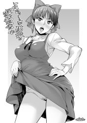  1girl blush bow breasts choker clothes_lift collarbone contrapposto cowboy_shot dress dress_lift eighth_note gegege_no_kitarou greyscale hair_bow hand_on_own_hip large_breasts long_sleeves monochrome musical_note nekomusume nekomusume_(gegege_no_kitarou_6) nose_blush open_mouth panties pointy_ears shirt short_hair solo standing takurou translation_request underwear v-shaped_eyebrows 