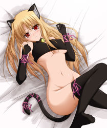  00s 1girl animal_ears bed bell blonde_hair blush bottomless breasts cat_ears cat_tail collar covered_erect_nipples elbow_gloves fate_testarossa gloves long_hair lying lyrical_nanoha mahou_shoujo_lyrical_nanoha_strikers neck_bell red_eyes solo taana tail thighhighs underboob  rating:Questionable score:18 user:danbooru
