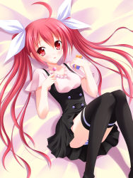 10s 1girl ahoge blush box candy date_a_live food gift gift_box highres itsuka_kotori lollipop long_hair looking_at_viewer open_mouth panties red_eyes red_hair solo striped_clothes striped_panties thighhighs twintails underwear yagami-all_hail_nanao rating:Sensitive score:29 user:danbooru