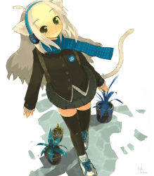 1girl ahoge animal_ears cat_ears cat_tail child earmuffs flat_chest forehead long_hair looking_at_viewer looking_up miniskirt mukoujima_tenro name_tag original scarf shoes skirt smile sneakers solo standing tail thighhighs very_long_hair white_hair winter_clothes zettai_ryouiki rating:Sensitive score:15 user:danbooru
