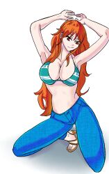  1girl absurdres bikini blue_pants blush breasts brown_eyes cleavage denim earrings feet_out_of_frame green_bikini highres jeans jewelry large_breasts lips long_hair looking_at_viewer nami_(one_piece) navel one_piece orange_hair pants print_bikini side-tie_bikini_bottom skindentation solo sorambk spaghetti_strap strap_gap swimsuit teeth thighhighs unaligned_breasts undersized_clothes weapon white_background 