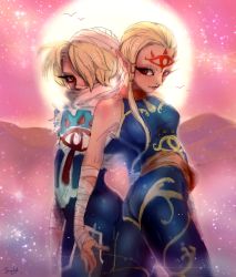  2girls ass back-to-back bad_id bad_pixiv_id bandages bare_shoulders blonde_hair breasts eyelashes facial_mark forehead forehead_mark hair_over_eyes hair_over_one_eye impa multiple_girls nintendo nose pointy_ears red_eyes reverse_trap scarf sheik short_hair sunset surcoat tattoo the_legend_of_zelda the_legend_of_zelda:_ocarina_of_time the_legend_of_zelda:_skyward_sword tight_clothes unitard yumeshima_sui  rating:Sensitive score:35 user:Comatose