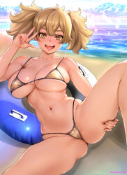  1girl artist_name bare_arms bare_shoulders bikini blonde_hair breasts brown_eyes collarbone commentary_request day gundam gundam_suisei_no_majo hand_up highleg highleg_bikini highres innertube large_breasts long_hair navel ocean open_mouth outdoors oyaman renee_costa shadow shore signature simple_background sitting solo spread_legs stomach swim_ring swimsuit teeth thighs twintails upper_teeth_only water  rating:Sensitive score:95 user:danbooru