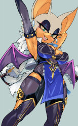  1girl absurdres animal_ears animal_nose armpits arms_up asymmetrical_gloves bat_ears bat_girl bat_wings bodysuit breasts commentary cosplay earrings elbow_gloves english_commentary eyelashes f-sonic feather_collar feet_out_of_frame fishnets fur-trimmed_jacket fur_trim furry furry_female genshin_impact gloves green_eyes grey_background grin highres jacket jacket_on_shoulders jewelry large_breasts legs_apart lips lipstick looking_at_viewer makeup mismatched_gloves outstretched_arm pink_lips rouge_the_bat simple_background single_elbow_glove single_glove smile snout solo sonic_(series) spikes standing wings yelan_(genshin_impact) yelan_(genshin_impact)_(cosplay)  rating:Sensitive score:35 user:danbooru