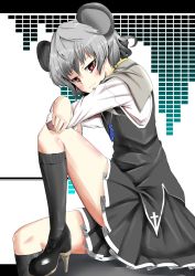  1girl animal_ears bad_id bad_pixiv_id blush capelet cross crystal female_focus gradient_hair grey_hair high_heels jewelry long_sleeves maxwell_manzoku mouse_ears multicolored_hair nagomineco nazrin pendant red_eyes shoes short_hair sitting smile solo touhou 
