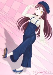  1girl :o artist_name artist_request blue_footwear blue_headwear blue_high_heels blue_pants blush breasts brown_eyes brown_hair checkered_floor female_focus fredericahiyone full_body hair_ornament hairclip highres hiyone long_hair long_sleeves looking_at_viewer love_live! love_live!_sunshine!! one_eye_closed pants parted_lips pink_background red_hair sakurauchi_riko shirt small_breasts smile solo standing standing_on_one_leg white_shirt yellow_eyes 