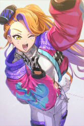 1girl :d arm_up beret black_gloves black_hat commentary_request cowboy_shot eyeshadow gloves hand_up hat ishida_baru jacket jewelry long_hair long_sleeves looking_at_viewer makeup multicolored_hair necklace one_eye_closed open_mouth orange_hair pants pink_eyeshadow pink_jacket pretty_series purple_hair purple_pants shirt side_ponytail smile solo standing star_sticker streaked_hair tilted_headwear v waccha_primagi! white_shirt yayoi_hina yayoi_hina_(primagista) yellow_eyes