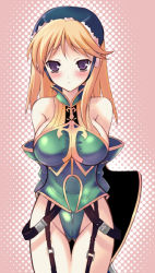 1girl :&lt; armor arms_behind_back bare_shoulders belt blonde_hair blush breasts cameltoe character_request dress fantasy_earth female_focus garter_straps gluteal_fold green_dress halftone halftone_background hat huge_breasts kyogoku_shin large_breasts long_hair mob_cap pink_background purple_eyes shield simple_background skin_tight solo standing suspenders tears thigh_gap rating:Questionable score:22 user:danbooru