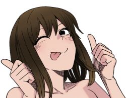  1girl artist_request bare_shoulders black_eyes brown_hair character_request smile thumbs_up tongue tongue_out  rating:General score:6 user:stratanki