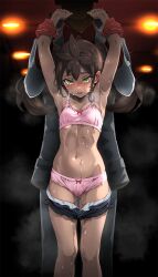  1boy 1girl arm_grab armpits arms_up bare_arms blue_shorts blush bra brown_hair clothes_pull collarbone creatures_(company) crying dark-skinned_female dark_skin flat_chest forced_exposure game_freak gluteal_fold green_eyes grey_jacket head_out_of_frame highres jacket long_hair navel nintendo open_clothes open_mouth open_shorts panties pink_bra pink_panties pokemon pokemon_xy red_shirt shauna_(pokemon) shirt short_shorts shorts shorts_pull tears thigh_gap tsukishiro_saika twintails underwear 