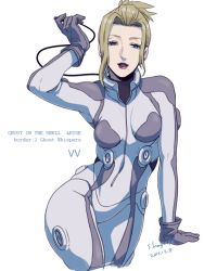  10s 1girl 2013 artist_name blonde_hair blue_eyes bodysuit character_name character_request copyright_name dated female_focus ghost_in_the_shell ghost_in_the_shell_arise gloves looking_at_viewer mole signature skin_tight solo suzuki_hayase thigh_gap  rating:Sensitive score:19 user:da3v