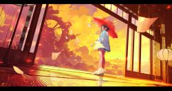  1girl absurdres brown_hair character_request cloud cloudy_sky commentary_request copyright_request english_text floral_print highres holding holding_umbrella lifeline_(a384079959) looking_back orange_sky orange_theme paper red_umbrella reflection sheet_music short_hair short_shorts shorts sky solo tatami umbrella white_footwear 
