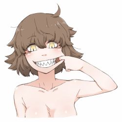  1girl artist_request blush brown_hair character_request messy_hair sharp_teeth simple_background slit_pupils source_request teeth topless_frame white_background yellow_eyes  rating:Questionable score:6 user:grankuwaga