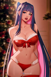  1girl arms_behind_back artist_name bare_shoulders blue_bow blue_eyes blurry blurry_background bow bow_bra bra breasts christmas_tree cleavage collarbone colored_inner_hair commentary english_commentary eyelashes fur-trimmed_bra fur_trim hair_bow highres indoors inhoso instagram_logo large_breasts lips lipstick long_hair looking_to_the_side makeup multicolored_hair navel open_mouth panties panty_&amp;_stocking_with_garterbelt patreon_logo pink_hair purple_hair red_bow red_bra red_lips red_panties red_thighhighs sidelocks solo stocking_(psg) stomach streaked_hair teeth thick_thighs thighhighs thighs twitter_logo two-tone_hair underwear upper_teeth_only very_long_hair wide_hips  rating:Sensitive score:52 user:danbooru