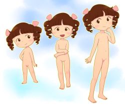  3girls :d age_comparison age_difference age_progression barefoot blunt_bangs blush brown_eyes brown_hair chibi_maruko-chan cleft_of_venus drill_hair feet female_focus flat_chest full_body hair_ornament hair_ribbon height_difference jougasaki_himeko lineup loli looking_at_another looking_at_viewer looking_to_the_side multiple_girls multiple_persona navel nipples nude open_mouth pussy ribbon ringlets short_hair size_difference smile standing toes twin_drills twintails uncensored yamanokonza  rating:Explicit score:47 user:sytalidis