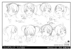  1girl 2005 absurdres amaha_rihoko blush_stickers character_sheet dated female_focus gonzo_(company) highres looking_at_viewer medium_hair monochrome official_art scan short_twintails smile solo translation_request twintails upper_body witchblade 