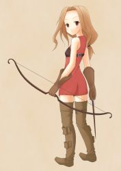  1girl archer_(fate) archer_(fft) arrow_(projectile) boots bow_(weapon) brown_eyes brown_hair fate_(series) female_focus final_fantasy final_fantasy_tactics full_body gloves krs_(pixiv139418) long_hair looking_back simple_background solo thighhighs weapon 