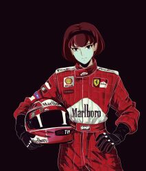  1girl alternate_costume black_background black_gloves closed_mouth commentary cowboy_shot english_commentary epaulettes fedex ferrari german_flag gloves hairband hand_on_own_hip helmet highres holding holding_helmet logo looking_at_viewer marlboro medium_hair megadeus_mommy r_dorothy_wayneright racing_suit red_hair red_helmet simple_background solo standing the_big_o 