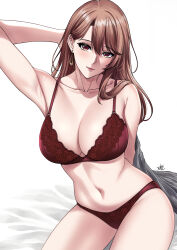 1girl arm_behind_head arm_up armpits bra breasts brown_eyes brown_hair closed_mouth collarbone commentary earrings english_commentary highres jewelry large_breasts lingerie lips long_hair looking_at_viewer mature_female navel oshi_no_ko panties red_bra red_panties saitou_miyako unworn_shirt sitting solo stomach thighs underwear underwear_only xter rating:Sensitive score:140 user:danbooru