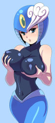  1girl bare_shoulders blue_eyes breast_hold breasts breasts_squeezed_together capcom covered_erect_nipples grabbing_own_breast jiayu_long large_breasts looking_at_viewer mega_man_(classic) mega_man_(series) navel open_mouth robot robot_girl simple_background skin_tight solo splash_woman tagme  rating:Questionable score:93 user:Manikku