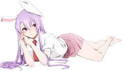 1girl absurdres animal_ears barefoot blush collared_shirt commentary_request feet full_body hair_between_eyes hair_spread_out hands_up highres interlocked_fingers long_hair looking_to_the_side lying necktie own_hands_together pink_skirt pleated_skirt purple_hair rabbit_ears red_eyes red_necktie reisen_udongein_inaba shirt short_sleeves simple_background skirt smile solo touhou white_background white_shirt yukina_(masyumaro610) 