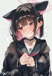  1girl absurdres animal_ears black_choker black_hair black_hoodie blue_archive blunt_bangs blush bob_cut cat_ears choker clenched_hands closed_mouth collarbone colored_inner_hair commentary embarrassed extra_ears green_sailor_collar grey_background halo head_tilt heart heart-shaped_pupils higa_(gominami) highres hood hoodie jitome kazusa_(blue_archive) looking_to_the_side multicolored_hair neckerchief nose_blush own_hands_together pink_hair pink_halo pink_neckerchief red_eyes sailor_collar school_uniform serafuku short_hair simple_background sleeves_past_wrists solo straight_hair sweat symbol-shaped_pupils tsurime upper_body v-shaped_eyebrows  rating:General score:7 user:danbooru