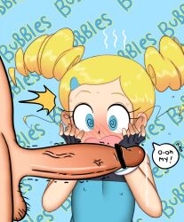  1boy 1girl @_@ bar_censor black_gloves black_one-piece_swimsuit blonde_hair blue_background blue_eyes blue_one-piece_swimsuit blush bubbles_(ppg) censored constricted_pupils covered_erect_nipples dot_nose drill_hair embarrassed erection eyebrows eyelashes fingerless_gloves flat_chest gloves goutokuji_miyako hands_on_own_face hetero hoshime large_penis loli looking_at_penis medium_hair nose_blush one-piece_swimsuit open_mouth penis penis_awe penis_close_to_face powerpuff_girls powerpuff_girls_z precum rolling_bubbles simple_background solo_focus surprised swimsuit testicles twin_drills two-tone_one-piece_swimsuit upper_body 