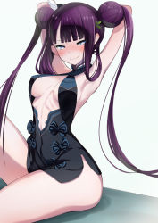 1girl arm_warmers armpits arms_up bare_hips black_dress blue_eyes blunt_bangs blush breasts center_opening china_dress chinese_clothes closed_mouth cluseller collarbone covered_navel double_bun dress fate/grand_order fate_(series) female_focus fur_collar grey_background hair_bun hair_ornament hair_rings half-closed_eyes happy highres leg_up long_hair looking_at_viewer medium_breasts nose_blush purple_hair revealing_clothes ribs side_slit simple_background sitting sleeveless sleeveless_dress smile solo thick_thighs thighs twintails very_long_hair yang_guifei_(fate) yang_guifei_(first_ascension)_(fate) rating:Sensitive score:28 user:danbooru