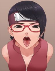  1girl absurdres bad_id bad_pixiv_id bare_shoulders black_eyes black_hair boruto:_naruto_next_generations breasts brown_background collarbone commentary_request from_above glasses highres looking_at_viewer mil_k_vanilla naruto naruto_(series) open_mouth oral_invitation red-framed_eyewear saliva short_hair simple_background small_breasts solo teeth tongue tongue_out uchiha_sarada upper_body uvula  rating:Sensitive score:240 user:danbooru