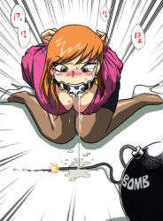  1girl arms_behind_back backstreet_hideout ball_gag bdsm blush bomb bondage bound breasts brown_eyes character_request cleavage crying crying_with_eyes_open dark_hiro drooling earrings explosive facing_viewer full_body fuse gag gagged high_heels jewelry kneeling knees_together_feet_apart leaning_forward medium_breasts miniskirt orange_hair pantyhose peril pumps rojiurakan saliva saliva_puddle scared simple_background skirt solo stiletto_heels tears white_background white_footwear 