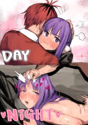  1boy 1girl :i blush commentary day_and_night drooling english_text fern_(sousou_no_frieren) flying_sweatdrops grabbing_another&#039;s_hair headpat heart heart-shaped_pupils hetero hug implied_sex meme multicolored_hair nose_blush pout puff_of_air purple_hair red_hair roots_(hair) sake_(vzty5527) sex sex_from_behind sideways_glance sousou_no_frieren stark_(sousou_no_frieren) sweat symbol-shaped_pupils tears  rating:Explicit score:89 user:danbooru