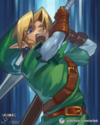  1boy absurdres artist_logo artist_name belt blonde_hair blue_eyes brown_belt brown_gloves dated earrings gloves green_hat green_tunic hat highres holding holding_sword holding_weapon jewelry layered_sleeves link long_sleeves looking_at_viewer nintendo open_mouth orlek over_shoulder patreon_logo patreon_username pointy_ears pointy_hat shirt short_hair short_over_long_sleeves short_sleeves shoulder_belt solo sword teeth the_legend_of_zelda the_legend_of_zelda:_ocarina_of_time upper_body upper_teeth_only watermark weapon weapon_over_shoulder web_address white_shirt 
