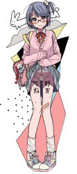  1girl bag bag_charm blue_eyes blue_hair blush body_writing buttons cardigan charm_(object) closed_mouth clothes_lift cloud collared_shirt commentary full_body glasses grey_skirt hair_bobbles hair_ornament hairclip high_tops knees_together_feet_apart lifting_own_clothes looking_at_viewer multicolored_background multicolored_footwear neck_ribbon one_side_up original panties pink_bag pink_cardigan pink_footwear pleated_skirt purple_footwear red-framed_eyewear red_ribbon ribbon ryuushi school_bag school_uniform shirt shirt_tucked_in shoelaces shoes skirt skirt_lift sleeves_past_wrists sneakers socks solo translation_request underwear white_background white_footwear white_panties white_shirt white_socks 