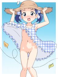  1girl absurdres accidental_exposure armpits arms_up belly blue_eyes blue_hair blush brown_hat cleft_of_venus clothes_lift commission commissioner_upload dress dress_lift falling_leaves feet_out_of_frame female_focus flat_chest hat highres leaf loli looking_at_viewer navel nipples no_panties nose_blush ojamajo_doremi open_mouth pussy ribbon senoo_aiko short_hair short_twintails simple_background solo standing straw_hat surprised sweatdrop tearing_up thighs tomboy twintails uncensored wind wind_lift yiku1707  rating:Explicit score:247 user:VHSephi