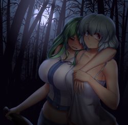 2girls alternate_breast_size annoyed arm_around_neck armpit_peek backlighting bare_arms bare_shoulders blue_eyes blush bottle breasts camisole closed_eyes closed_mouth collarbone dark dress drunk expressionless forest full-face_blush full_moon green_hair hair_between_eyes hair_ornament hairclip hand_grab hater_(hatater) head_on_another&#039;s_shoulder heterochromia highres holding holding_bottle huge_breasts kochiya_sanae large_breasts light_particles long_hair looking_at_viewer looking_up moon moonlight multiple_girls nature night night_sky no_bra plant red_eyes rolling_eyes sky sleeveless sleeveless_dress spaghetti_strap tatara_kogasa touhou tree upper_body white_dress wine_bottle rating:Sensitive score:33 user:danbooru