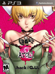  .hack// .hack//g.u. 1boy 1girl :t atlus atoli bandai bare_shoulders blonde_hair breasts catherine_(game) catherine_cover_parody choker cleavage cover crossover cyber_connect_2 detached_sleeves drawfag dress esrb game_console video_game_cover green_dress hair_ornament haseo haseo_(.hack//) large_breasts parody playstation_3 pout q_(4chan) quicksolver sideboob solo solo_focus strap_pull undressing yellow_eyes alkaid_(.hack//)  rating:Sensitive score:20 user:Quicksolver