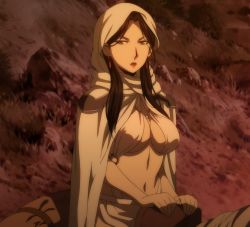  1girl arslan_senki black_hair breasts cape cleavage earrings falangies female_focus highres jewelry large_breasts long_hair midriff navel screencap solo stitched third-party_edit underboob white_cape  rating:Sensitive score:52 user:fuchikoma