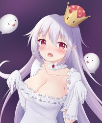  1girl absurdres blush boo_(mario) breasts cleavage crown futaba_kurumi ghost gloves highres large_breasts long_hair looking_at_viewer mario_(series) nintendo open_mouth pointy_ears princess_king_boo purple_background red_eyes sharp_teeth smile solo_focus super_crown teeth upper_body white_hair 