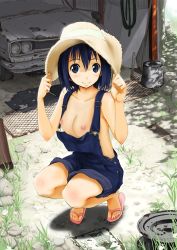  1girl blue_eyes blue_hair breasts bucket car collarbone frogman hat izumi_haruka jpeg_artifacts motor_vehicle naked_overalls nipples nissan nissan_skyline nissan_skyline_c10 no_bra no_panties nylon_(nylon_100%) overalls short_hair slippers small_breasts squatting third-party_edit vehicle  rating:Questionable score:46 user:Deusexcalamus