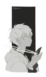  1boy arknights bishounen cz474 from_side gloves halo hand_up hood hood_down hoodie looking_at_viewer male_focus mephisto_(arknights) monochrome shirt short_hair simple_background solo 