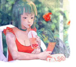  1girl amachu_a aqua_hair bag black_choker blue_eyes bob_cut breasts bubble_tea bulma chair choker cleavage commentary cup disposable_cup dragon_ball dragonball_z dress drinking drinking_glass english_commentary flower handbag highres holding holding_cup medium_breasts medium_hair reading red_dress red_nails solo table upper_body 