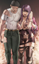 1boy 1girl belt black_hair breasts curvy dark_areolae dark_nipples excessive_pubic_hair female_pubic_hair grabbing grabbing_another&#039;s_breast highres huge_breasts large_areolae large_nipples lips long_hair looking_at_viewer muscular muscular_male navel nipples open_mouth pepe_(jonasan) pubic_hair purple_eyes purple_hair shirt short_hair simple_background skirt sweat thick_thighs thighhighs thighs torn_clothes white_shirt wide_hips rating:Explicit score:94 user:Dirispon