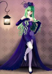  1girl bare_shoulders c.c. clotho_(clotho_ls) clotho_ls code_geass dress elbow_gloves female_focus flower gloves green_hair hair_flower hair_ornament high_heels highres long_hair open_mouth pantyhose shoes solo white_pantyhose yellow_eyes 