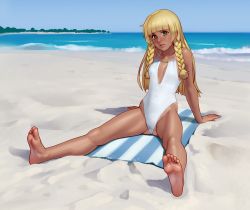 1girl arm_support barefoot beach blonde_hair blunt_bangs braid breasts cleavage_cutout clothing_cutout creatures_(company) dark-skinned_female dark_skin day feet frown full_body game_freak green_eyes head_tilt kairunoburogu lillie_(pokemon) long_hair looking_at_viewer nintendo one-piece_swimsuit pokemon pokemon_sm sand side_braid sitting small_breasts soles solo source_request spread_legs swimsuit tan toes twin_braids white_one-piece_swimsuit rating:Questionable score:251 user:danbooru